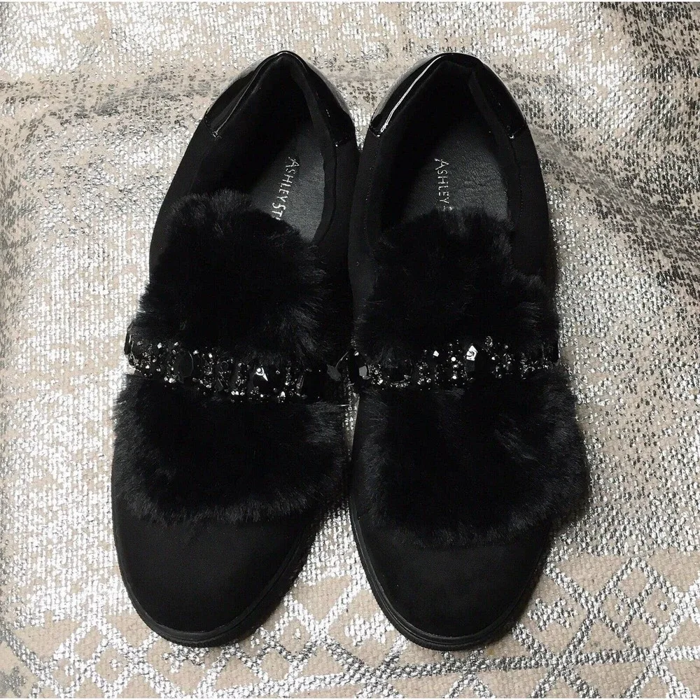 Ashley Stewart Women's Sz 9 Black Faux Suade Fur Loafer Gem Stone Embellished - Picture 3 of 8